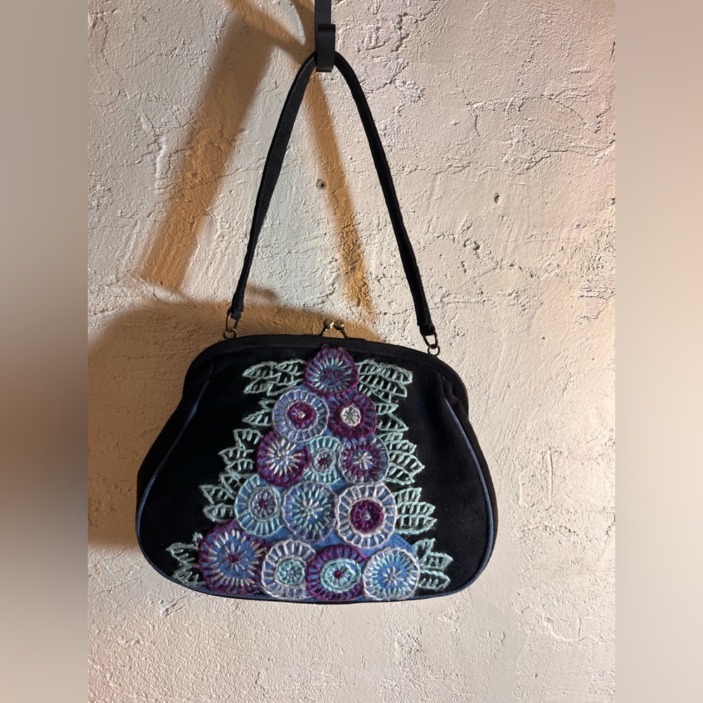 Black Suede Bag Vintage LULU GUINESS Purple Blue Floral embroideried needlepoint
